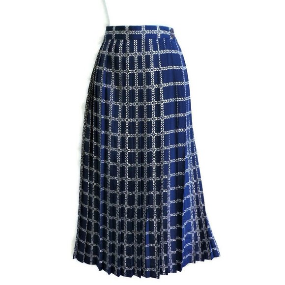 Halston III Skirt Pleated Midi Navy Concealed Pocket Career Vintage 80s 28" M - Picture 1 of 8